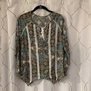 Long sleeve multi color blouse w/ white stitching